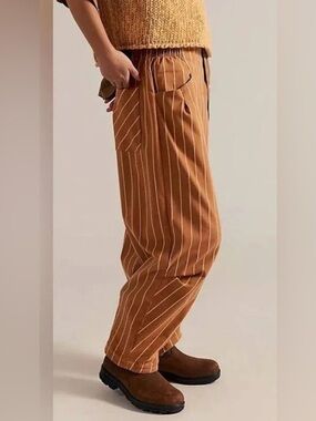 NWT Free People Nice Try Pull On Trousers in Caramel Combo Pinstripe Bohemian XL
